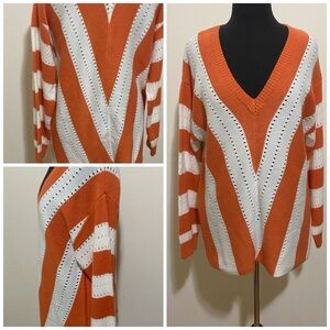Orange and White V-Neck Women's Sweater